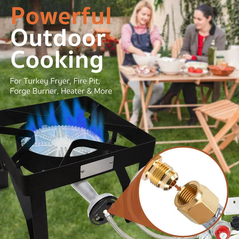 Adjustable 0-30 PSI Propane Regulator With Built In Gauge And Five Foot Stainless Braided Hose for outdoor cooking setup