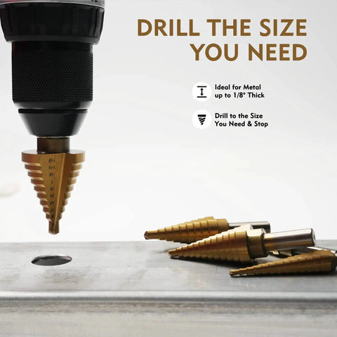 Step Drill Bit Set 50 Sizes Titanium Coated High Speed Steel Unibit in use for sheet metal drilling shown with automatic center punch.