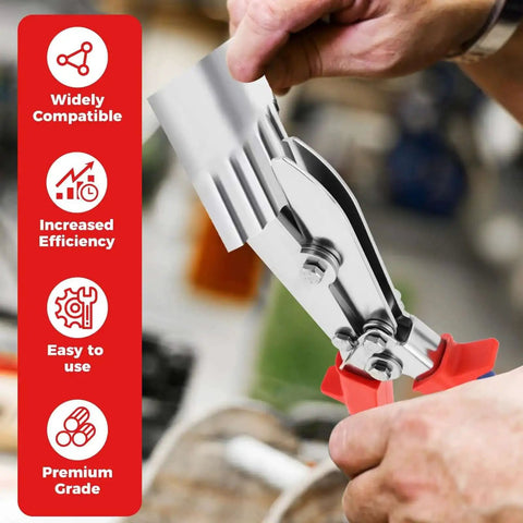 Hand holding 5-Blade Hand Crimper for Gutter and Sheet Metal Crimping Deep Throat Duct Crimping Tool with focus on blades