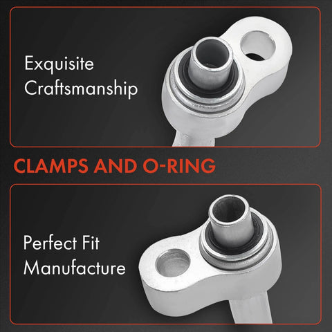 A/C discharge line hose assembly with metal fitting, O-ring and clamp; front and side views