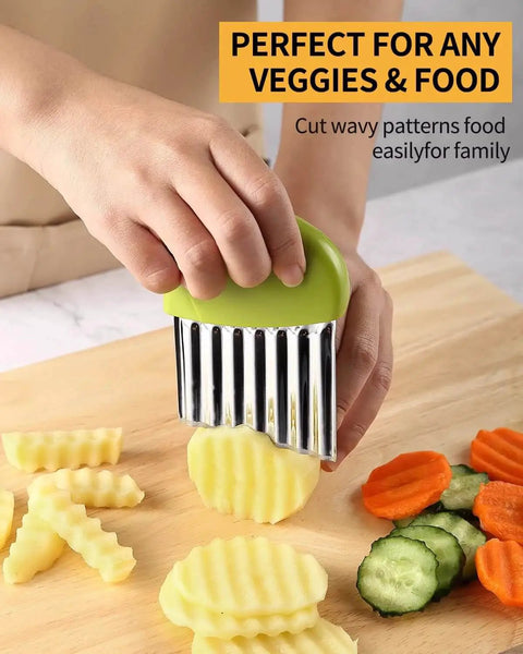 Person using Crinkle Cutter For Potatoes And Veggies Stainless Steel 430 Anti Rust Wavy Knife on wooden board to slice veggies