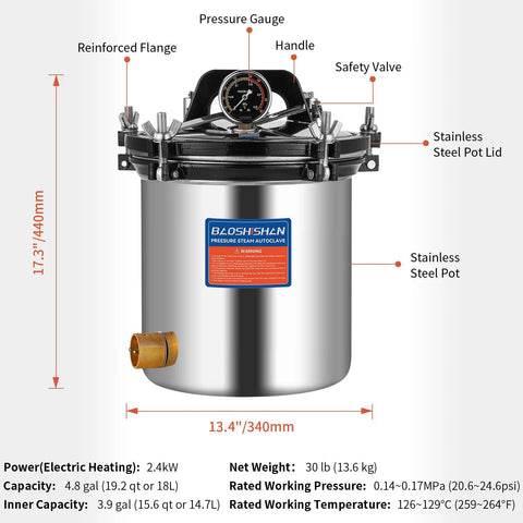 BAOSHISHAN 18L steam autoclave with stainless steel body, pressure gauge, and lid
