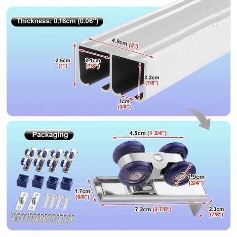 Double Sliding Door Track Hardware Kit With Aluminum Rail For Space Saving Bypassing Door System, includes rollers and mounting hardware.