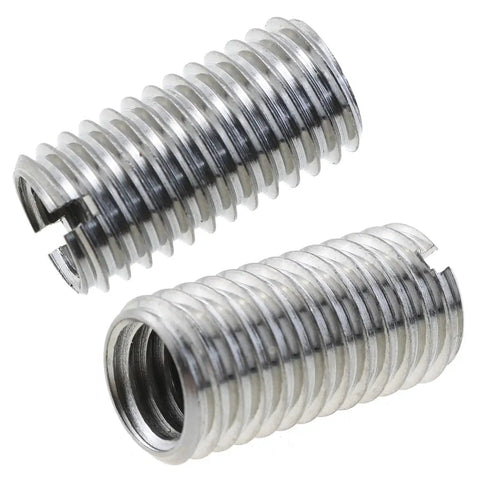 Two stainless steel thread adaptor sleeves; M10x1.5 male to M8x1.25 female reducer for plastics and metal alloys.