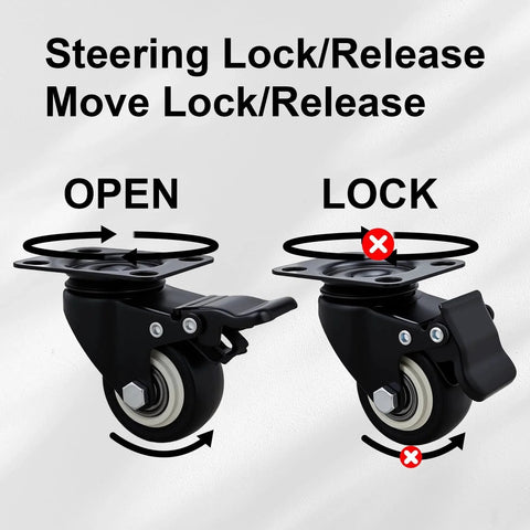 Diagram showing steering lock and release mechanism of 2 Inch Wheel Casters Set Of 4 Heavy Duty Locking Polyurethane Wheels With Brakes
