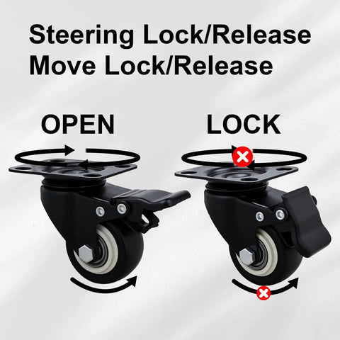 Heavy Duty 2 Inch Caster Wheels Set Of 12 With Brakes For Furniture And Workbenches showing open and lock position of swivel mechanism.