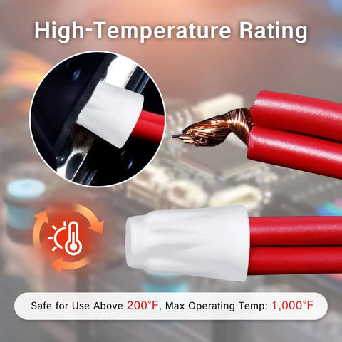Ceramic wire-nut cap on two red wires; white porcelain high-temperature electrical connector.