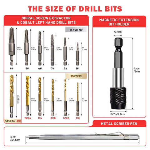 Spiral Screw Extractor Set With Tungsten Carbide Tip Scriber Pen Left Hand Drill Bits in Cobalt HSS Steel with adapter