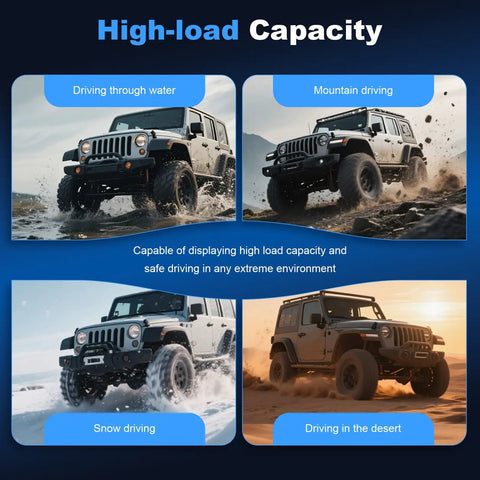 Four SUVs demonstrating high-load capacity in various terrains: water, mountains, snow, and desert.