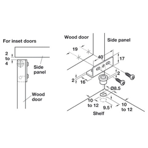 Diagram showing Black Concealed Hinges For Inset Doors Pair, 40mm Wide, 17mm High, 16mm Deep, includes 8.5mm drill holes.