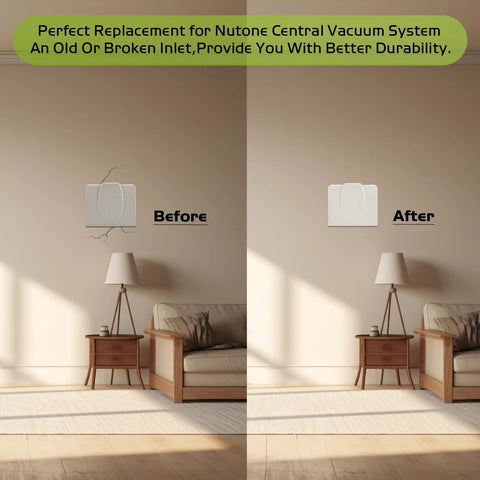 Pokin 360W central vacuum wall inlet plate, white, NuTone compatible; two-panel before/after display.