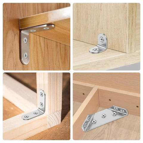 Heavy Duty Corner Bracket Set With 72 Piece Total Featuring 48 L Brackets And 24 Triangular Supports, installed in wood furniture.