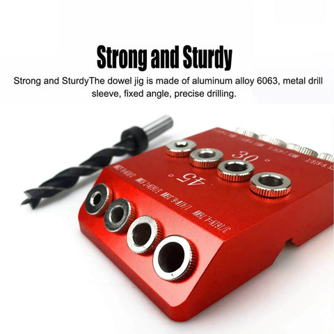 Pro Grade Multi Angle Hole Jig For 30 Degree 45 Degree And 90 Degree Drilling In Aluminum Alloy Woodworking Tool With Steel Drill Sleeves oblique hole jig for furniture assembly DIY projects decks and staircases, close-up of red jig body and drill sleeve.
