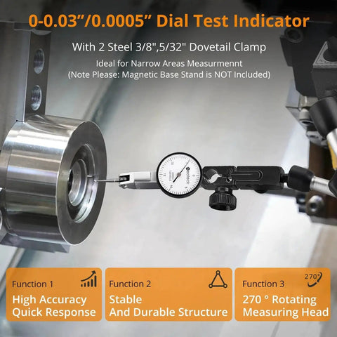 Dial Test Indicator Kit Pro Grade For Precision Machine Setup In Tight Spaces With 0 To 0.03 Inch Travel And 0.0005 Inch Accuracy Includes