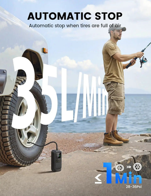 Fast Tire Inflator Portable Air Pump With Digital Gauge And LED Light 150 PSI Electric Tire Pump For Car And Motorcycle 5x Faster Inflation Must Have Lightweight Compact Travel Companion with display by a car tire
