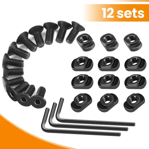 12 T Nuts And 12 Short Screws Replacement Set For M Rails With Allen Wrenches displayed in black metal