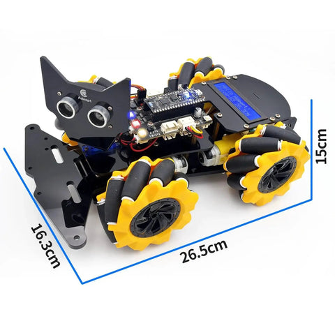 Omnidirectional 4WD Mecanum Robot Car Kit For ESP32 S3 And Banana Pi PicoW S3 with LCD1602 Display, side view dimensions shown.