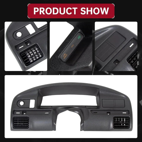 Dash Cover Panel Bezel for 1992 to 1997 Ford F150 F250 F350 Bronco Gas Engines, multiple views of black replacement part