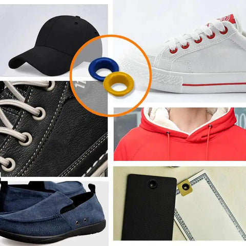 300 Set Metal Grommet Kit With Eyelets And Washers, includes base, punch and install tool shown with shoes, hat, and hoodie