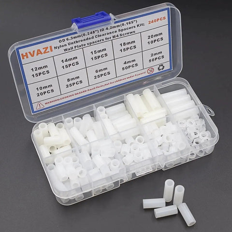 White Nylon Unthreaded Clearance Spacers And Standoffs Kit With 6.3mm Outer Diameter And 4.2mm Inner Diameter in a clear box