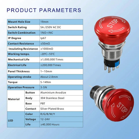 Estop Button Latching 19mm Emergency Stop Switch 5A Mushroom 304 Stainless Steel For Marine Boat Heavy Duty Push Button specifications