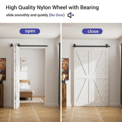 Two Door Bi Folding Sliding Barn Door Hardware Kit 42 Inch Black Track in living room open and closed positions