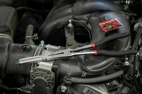 Double-X External Snap Ring Pliers For Tight Spaces With Extra Reach And Jaw Opening Wider Than The Handles, used in engine