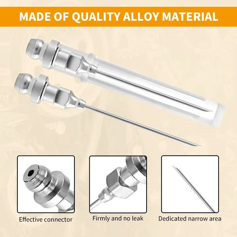 Close-up of grease gun needle tip set, 6 pack with four one-eighth inch NPT 18G tips and two narrow dispenser needles.