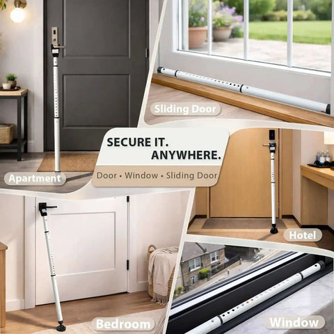 Heavy Duty 3 In 1 Door Security Bar With High Strength Steel And Anti Slip Rotating Base shown securing doors and windows in various settings