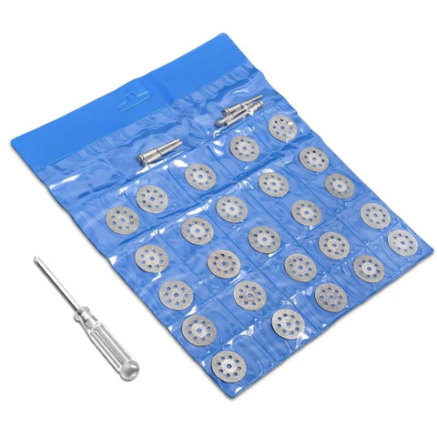 Diamond Cutting Wheel Set For Rotary Tools 22mm Discs 0.6mm Thick Includes 25 Cutting Wheels Five 3mm Mandrels And A Screwdriver EZ545 544 Replacement Compatible For Fast Clean Metal And Plastic Cutting in a blue pouch with visible discs and screwdriver