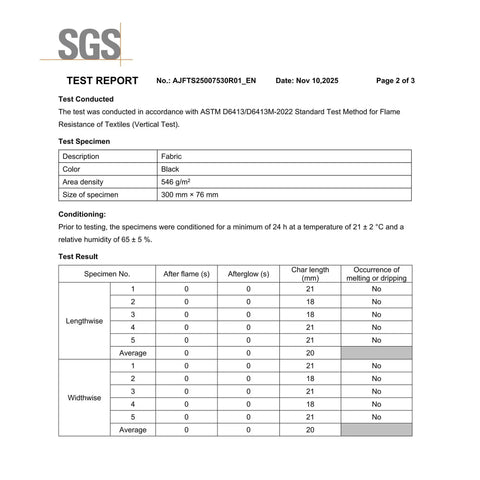 SGS test report showing ASTM D6413/D6413M-2022 compliance for flame resistance of black fabric used in fireproof welding blanket.