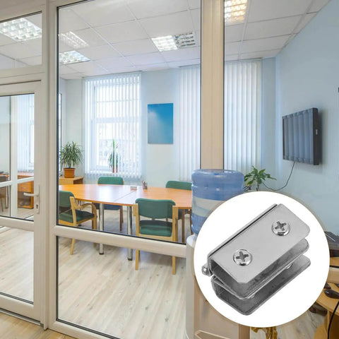 Two Pack Small Stainless Steel Glass Door Hinges With Adjustable Thickness For Cabinets And Wine Displays in an office setting