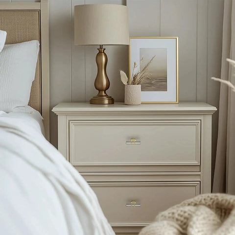 Bedroom dresser with Brushed Nickel And Brushed Brass Cabinet Knobs And Handles, decorative hardware complementing modern decor