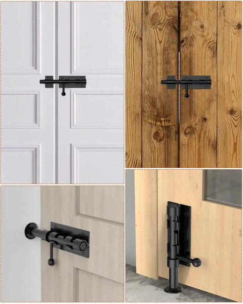 Heavy Duty Slide Bolt Gate Latch For Wooden Fence And Barn Doors 6.3 Inch 304 Stainless Steel With Black Finish installed on doors