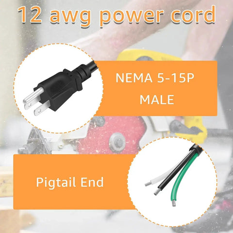 Close-up of 9.8ft 12 Gauge Heavy Duty Replacement Power Cord For Tools And Home Gear with NEMA 5-15P male end and pigtail end.
