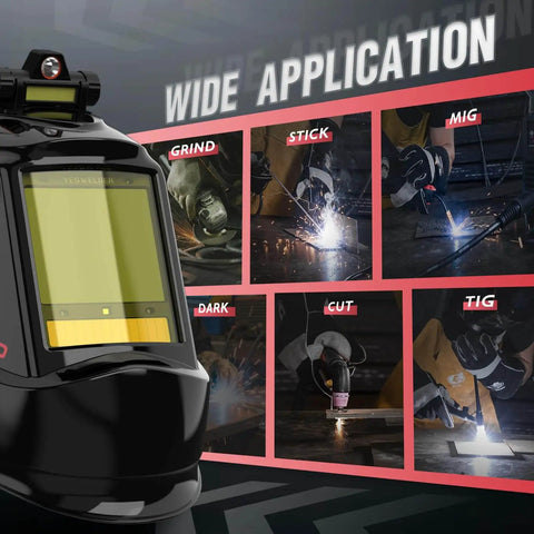 Intelligent Auto Darkening Welding Helmet With Big View Screen LED Digital Filter True Color Solar Powered Shield for MIG TIG Stick Cutting and Grinding displayed with various applications like grind and cut.