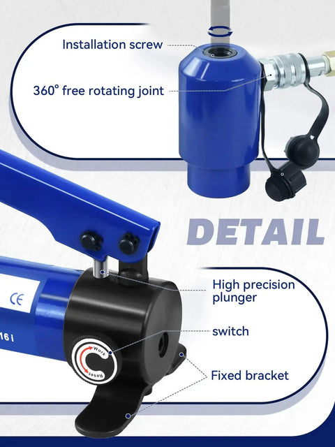 Detail of a hydraulic knockout punch kit with 360° rotating joint and high precision plunger, 15 ton capacity for conduit hole cutting.