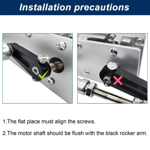 Installation guide showing proper alignment of screws and motor shaft flush with black rocker arm for Heavy Duty Reciprocating Linear Actuator With Suction Cup And Speed Controller Built For DIY Pros JQDML 24V Adjustable Stroke 30 To 150mm 1.18 To 6 Inches Telescopic Motor No Load Speed Up To 120 RPM