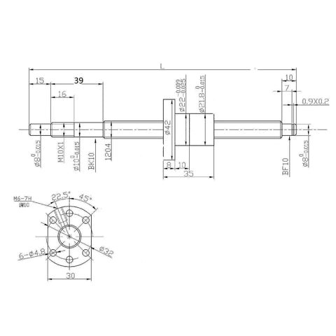 Technical drawing of 600mm SFU1204 Ball Screw Stainless Steel Rolled Ballscrew With Ball Nut Anti Backlash 12mm Diameter CNC part