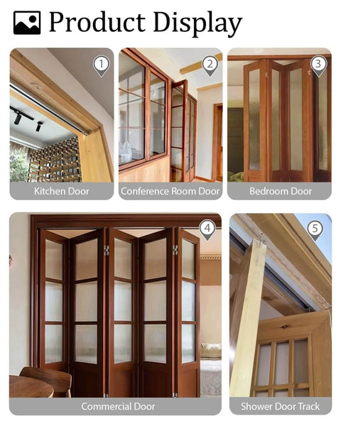 Sliding Barn Door Hardware Track Kit installed on various doors including kitchen, conference room, bedroom, and shower doors.