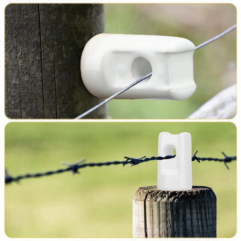 25 Pack Ceramic Lag Screw Fence Insulators For Wooden Posts, Heavy Duty Porcelain Electrical Fence Insulators, Ideal For Ground Fencing, Agricultural And Ranching Use, Keeps Wires Safe, Stable, And Weather Ready shown installed on wooden posts.