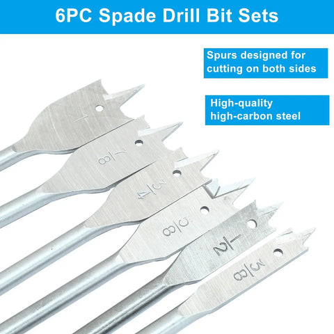 Heavy Duty Spade Drill Bits Set, 6 Pieces With Quick-Change Hex Shank And Titanium Coating, High Carbon Steel Paddle Bits, displayed side view