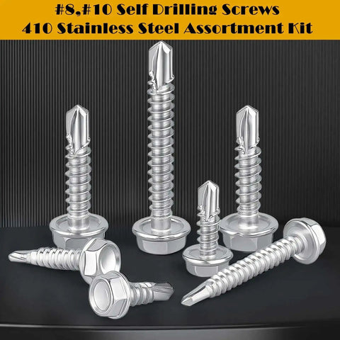 Heavy Duty 150 Piece Self Drilling Screws Kit Stainless Steel Rust Resistant Hex Washer Head Tek Screws display