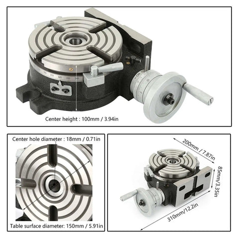 6 Inch Rotary Table For Milling Machines With Vertical And Horizontal Indexing Capabilities, 90 Degree Tilting Dividing Table, Heavy Duty Workholding Fixture For Mill Drill, A Real Workhorse For Precise Circular Indexing For Slotting And Cutting, showing table size and features.