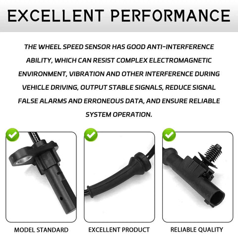 Left rear ABS wheel speed sensor; three-view image showing front, side, and connector.