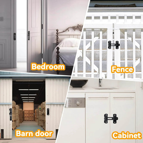 4 Pack 180 Degree Flip Sliding Barn Door Latches Stainless Steel Gate Locks installed on bedroom, barn door, fence, and cabinet.