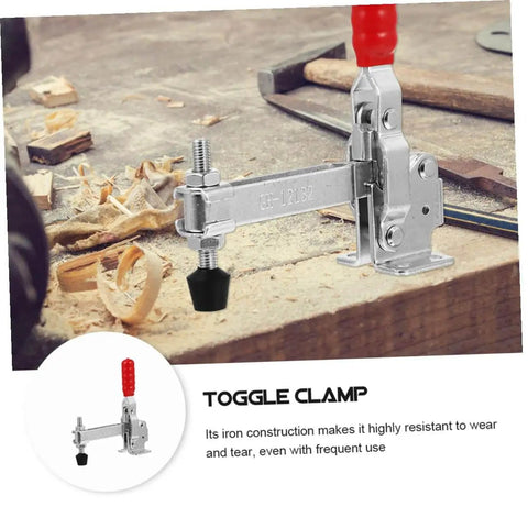 Close-up of Two Pack Welding Toggle Clamps For Woodworking, Quick Release Iron Fixed Clamps For Jigs And Fixtures in use.