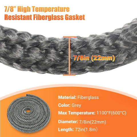 Wood stove gasket rope, 7/8 in by 72 in, grey fiberglass door seal for high-temperature use.