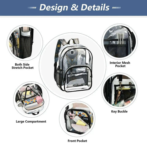 Clear PVC Backpack See Through Bookbag With Front Mesh Pocket And Side Bottle Pockets 12L Lightweight Durable Unisex