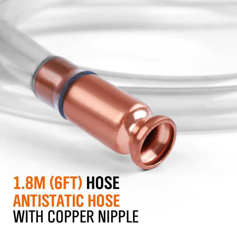 Multi-Purpose Gas Siphon Pump 6ft With 1/2 Inch Valve And Virgin Grade Tubing, close-up of copper nipple and hose
